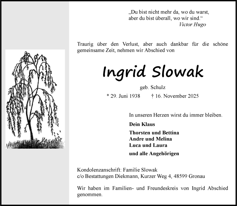  Traueranzeige für Ingrid Slowak vom 06.12.2025 aus 