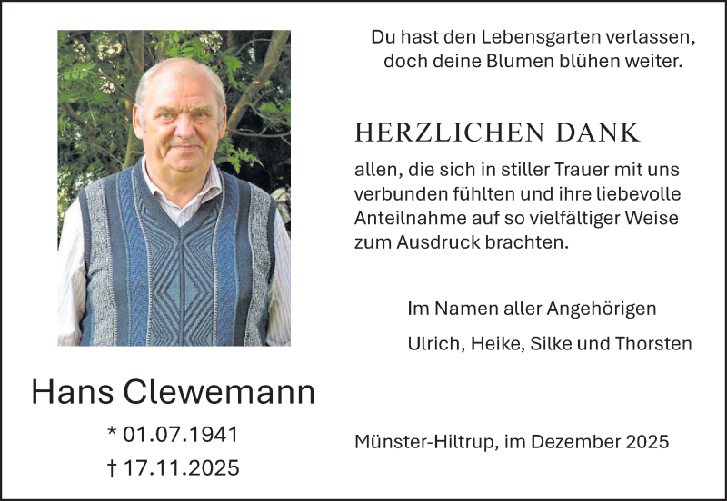  Traueranzeige für Hans Clewemann vom 20.12.2025 aus 