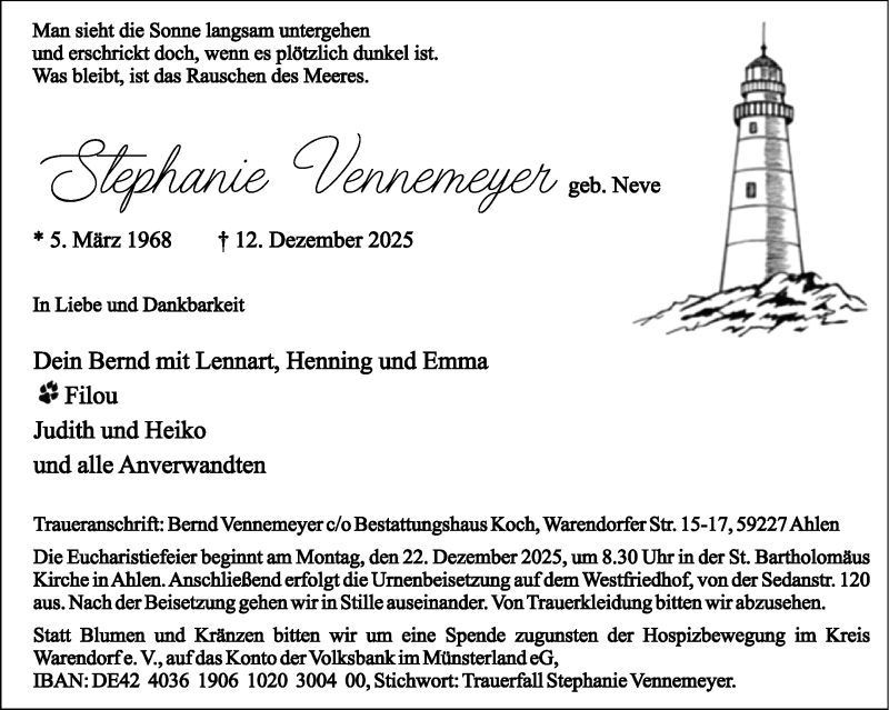  Traueranzeige für Stephanie Vennemeyer vom 17.12.2025 aus 