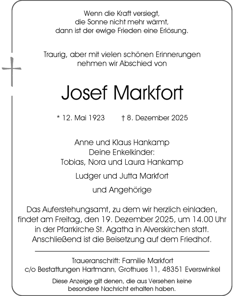  Traueranzeige für Josef Markfort vom 13.12.2025 aus 