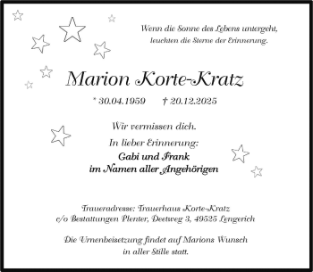 Anzeige von Marion Korte-Kratz 