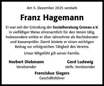 Anzeige von Franz Hagemann 