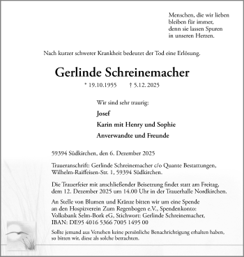 Anzeige von Gerlinde Schreinemacher 