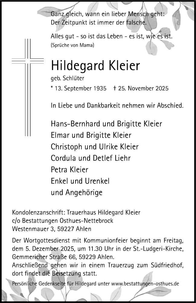  Traueranzeige für Hildegard Kleier vom 03.12.2025 aus 