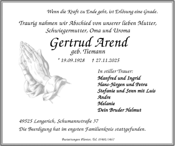 Anzeige von Gertrud Arend 