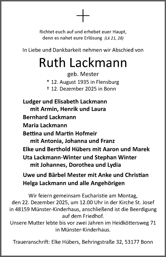  Traueranzeige für Ruth Lackmann vom 20.12.2025 aus 