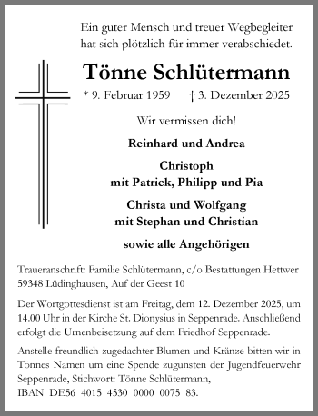 Anzeige von Tönne Schlütermann 