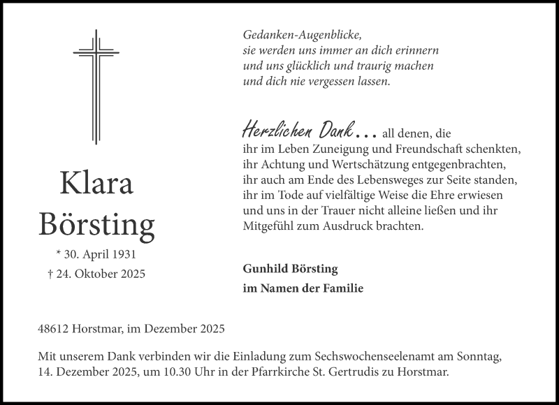  Traueranzeige für Klara Börsting vom 10.12.2025 aus 