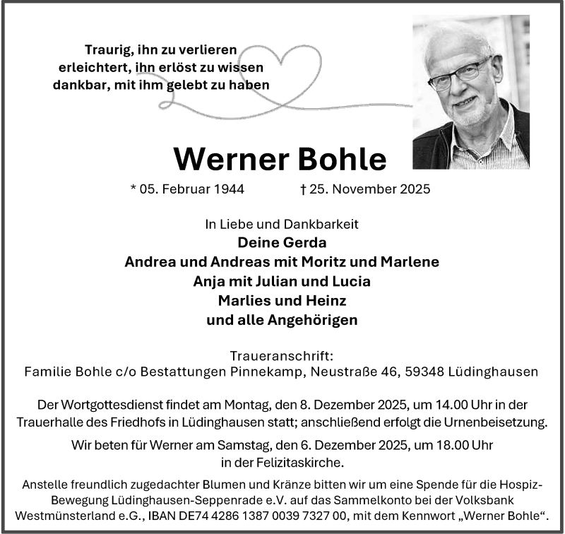  Traueranzeige für Werner Bohle vom 03.12.2025 aus 