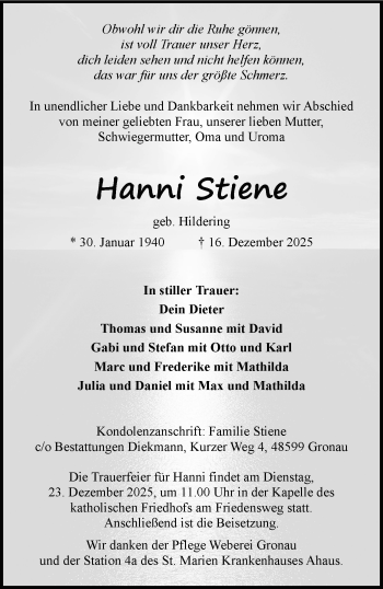 Anzeige von Hanni Stiene 