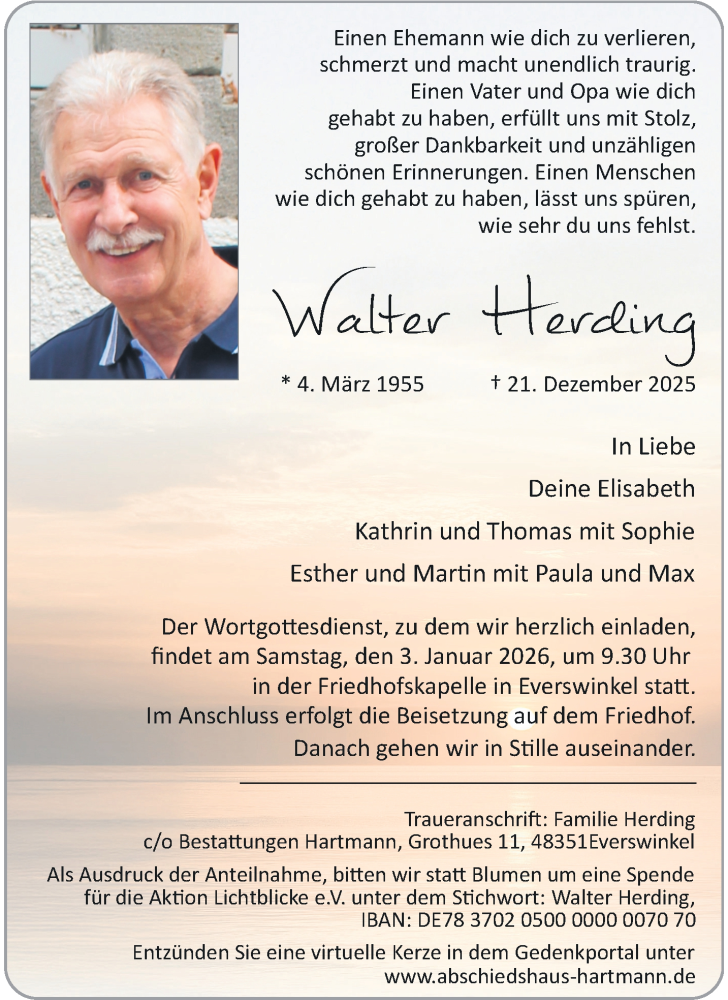  Traueranzeige für Walter Herding vom 24.12.2025 aus 