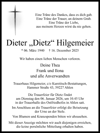 Anzeige von Dieter Hilgemeier 