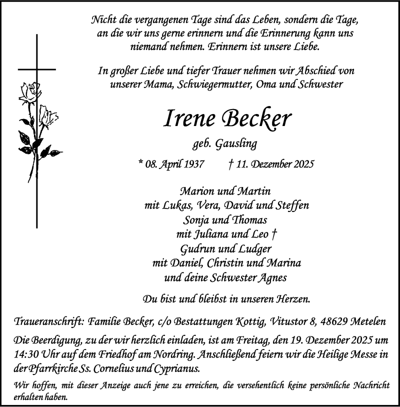  Traueranzeige für Irene Becker vom 16.12.2025 aus 
