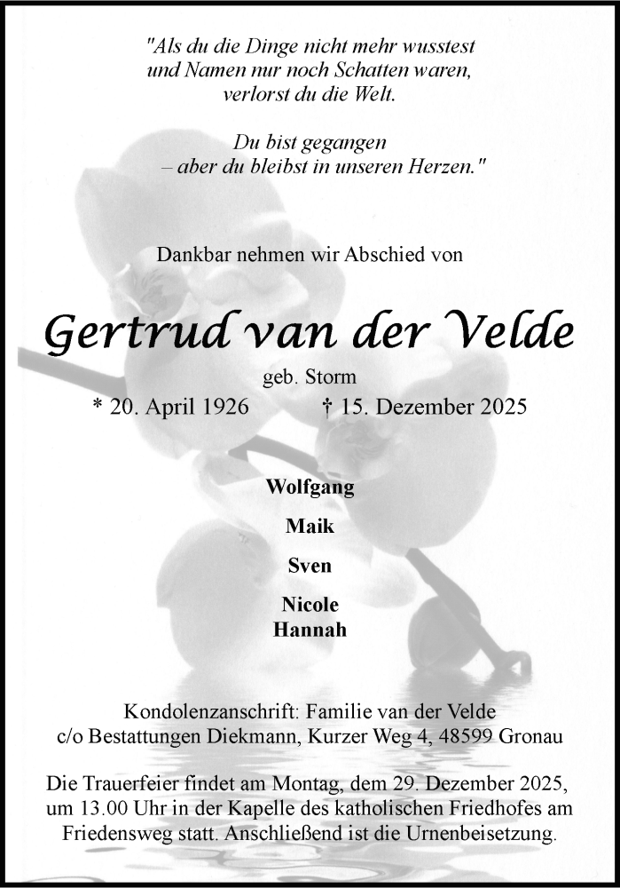  Traueranzeige für Gertrud van der Velde vom 20.12.2025 aus 