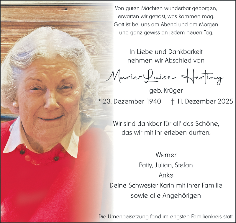  Traueranzeige für Marie-Luise Herting vom 20.12.2025 aus 