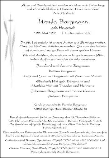 Anzeige von Ursula Borgmann 