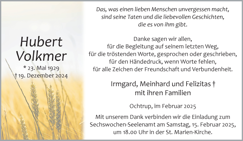  Traueranzeige für Hubert Volkmer vom 12.02.2025 aus 
