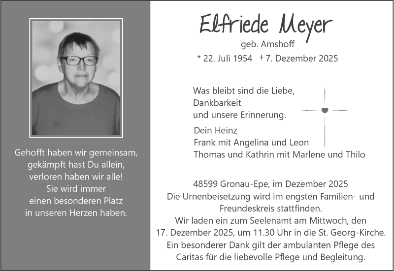  Traueranzeige für Elfriede Meyer vom 13.12.2025 aus 