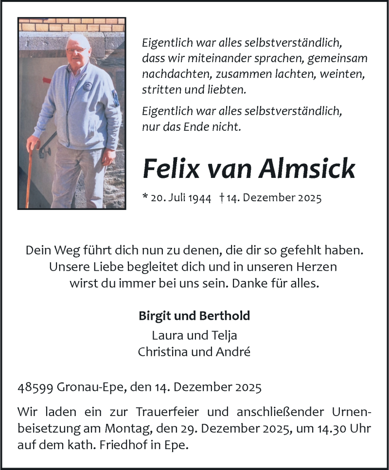 Traueranzeige für Felix van Almsick vom 24.12.2025 aus 