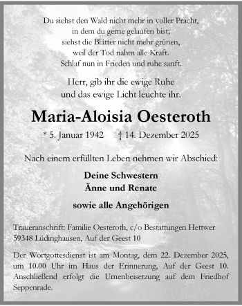 Anzeige von Maria-Aloisia Oesteroth 