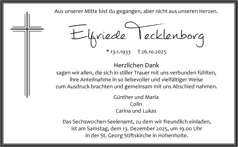  Traueranzeige für Elfriede Tecklenborg vom 06.12.2025 aus 