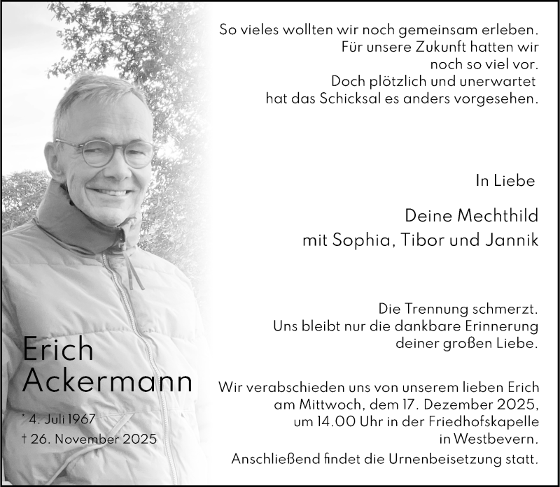  Traueranzeige für Erich Ackermann vom 13.12.2025 aus 