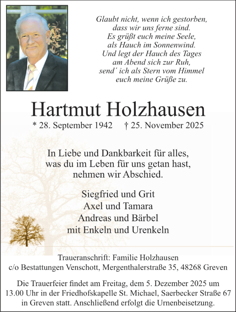  Traueranzeige für Hartmut Holzhausen vom 03.12.2025 aus 