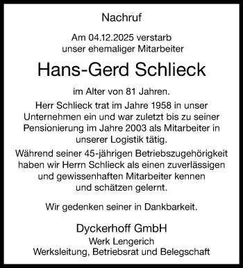 Anzeige von Hans-Gerd Schlieck 
