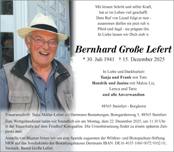 Anzeige von Bernhard Große Lefert 