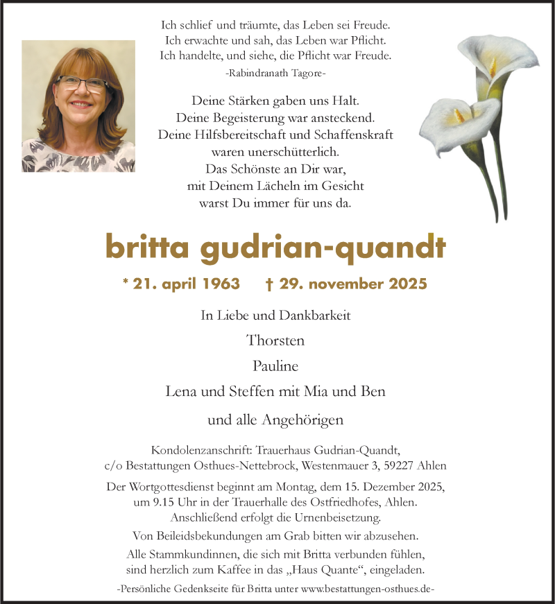  Traueranzeige für Britta Gudrian-Quandt vom 06.12.2025 aus 