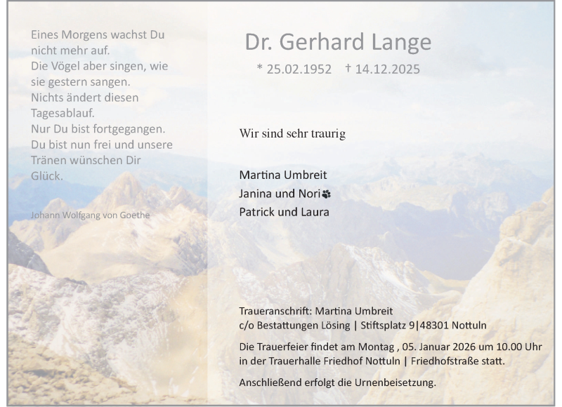  Traueranzeige für Dr. Gerhard Lange vom 27.12.2025 aus 