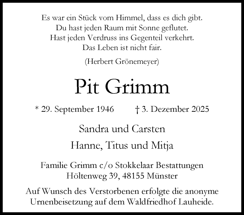  Traueranzeige für Pit Grimm vom 20.12.2025 aus 