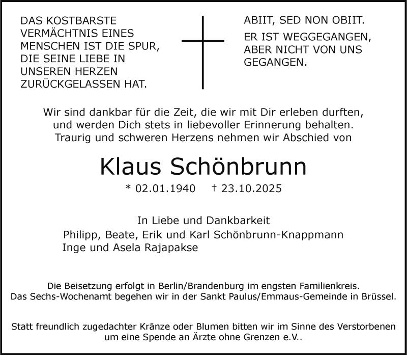  Traueranzeige für Klaus Schönbrunn vom 20.12.2025 aus 