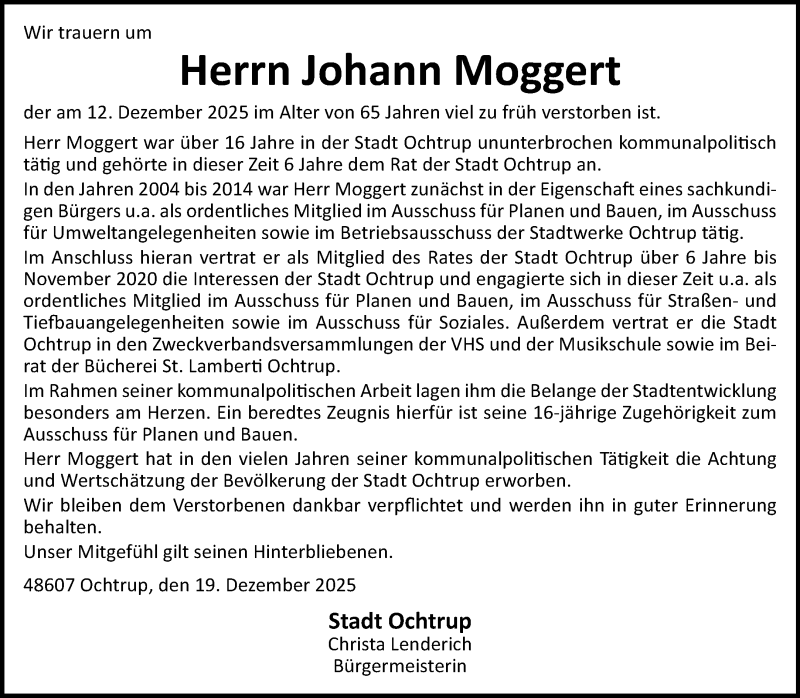  Traueranzeige für Johann Moggert vom 19.12.2025 aus 