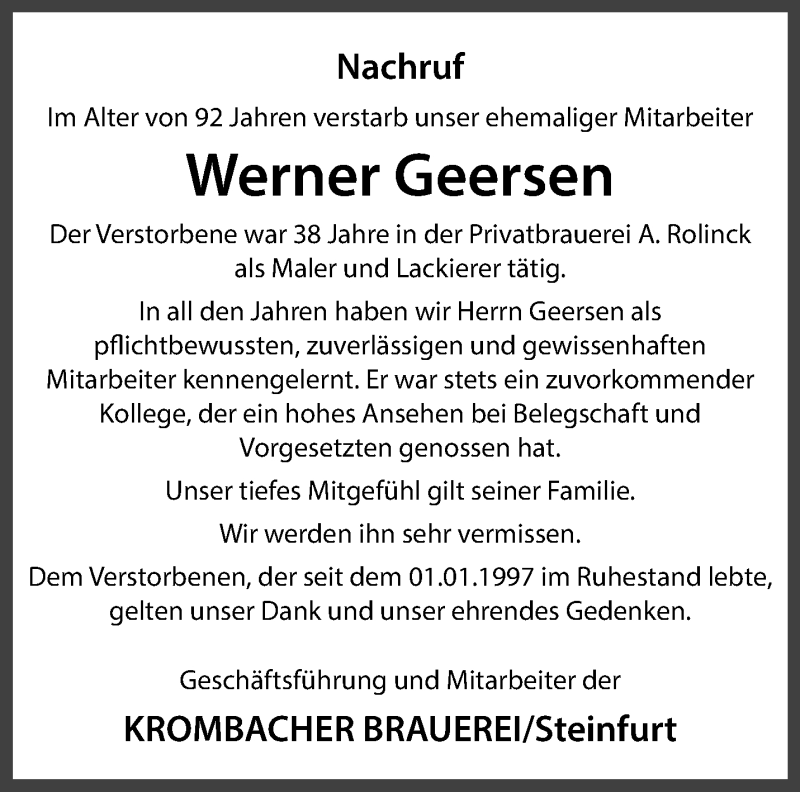  Traueranzeige für Werner Geersen vom 27.12.2025 aus 