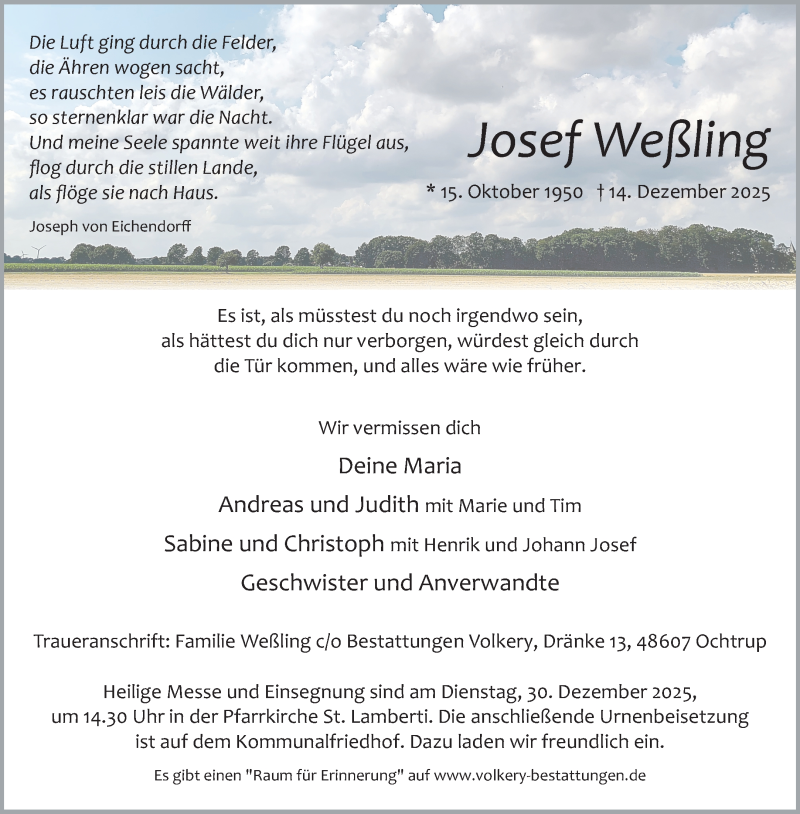  Traueranzeige für Josef Weling vom 17.12.2025 aus 