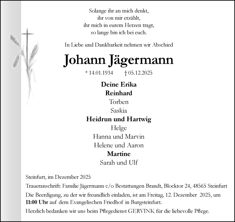  Traueranzeige für Johann Jägermann vom 10.12.2025 aus 