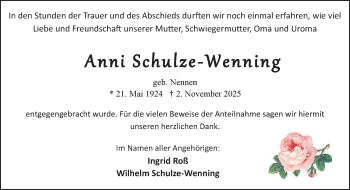 Anzeige von Anni Schulze-Wenning 
