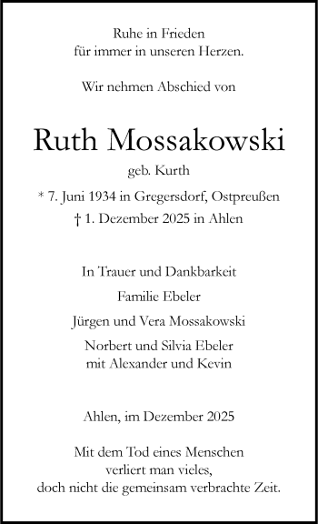 Anzeige von Ruth Mossakowski 