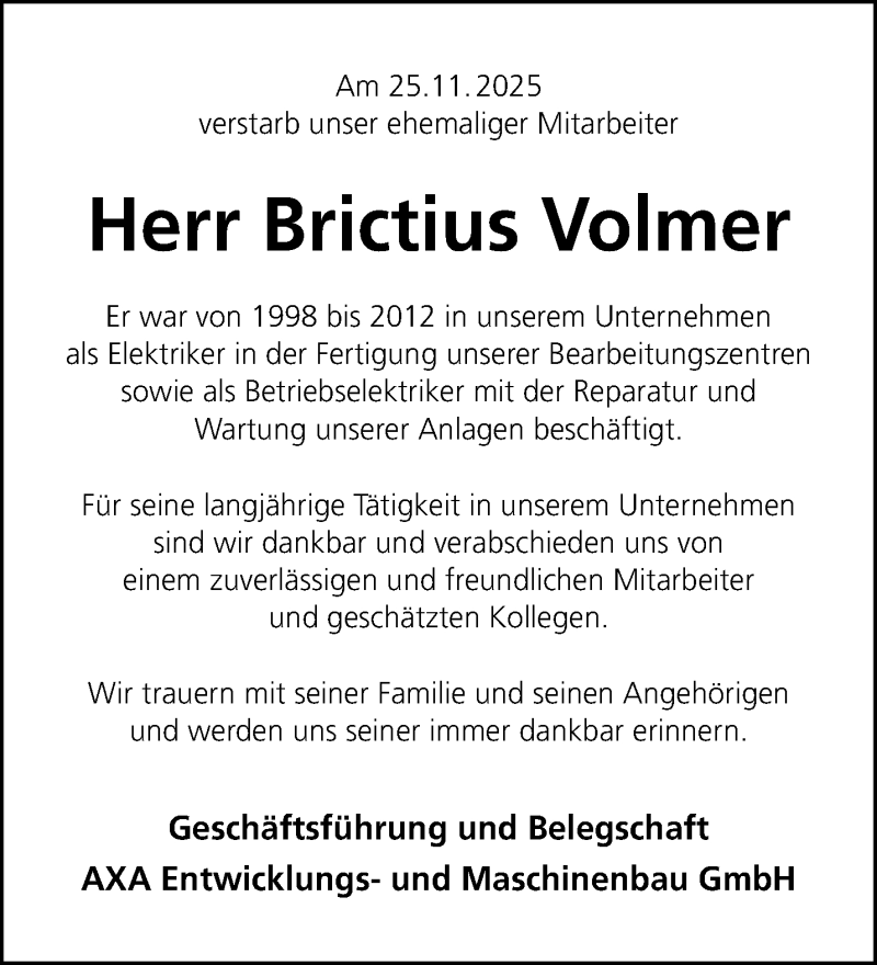  Traueranzeige für Brictius Volmer vom 10.12.2025 aus 