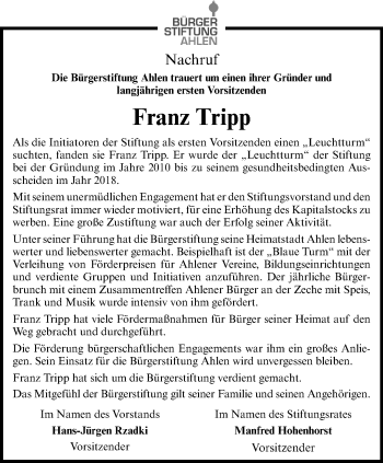 Anzeige von Franz Tripp 