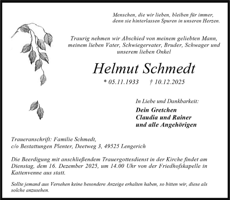  Traueranzeige für Helmut Schmedt vom 13.12.2025 aus 