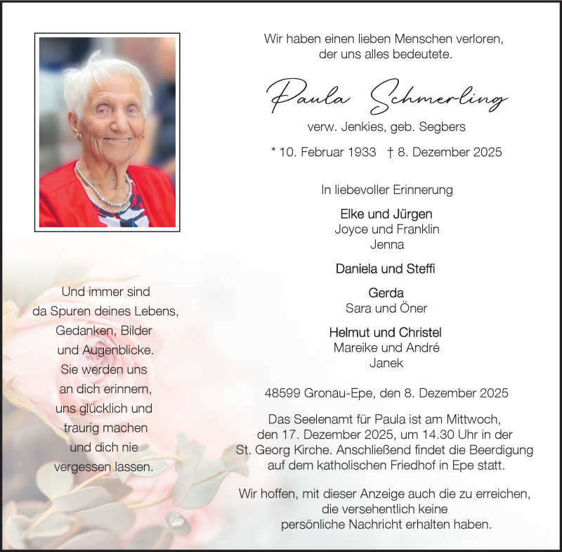  Traueranzeige für Paula Schmerling vom 13.12.2025 aus 