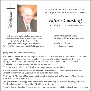 Anzeige von Alfons Gausling 