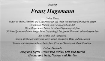 Anzeige von Franz Hagemann 