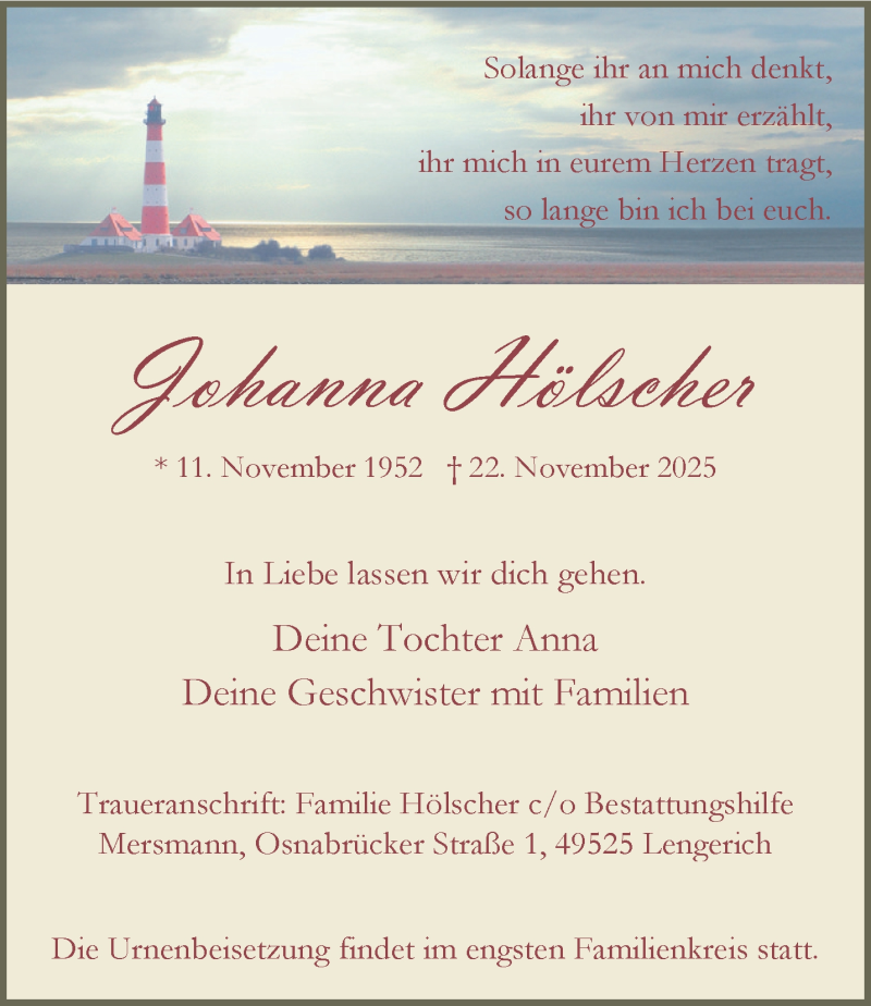  Traueranzeige für Johanna Hölscher vom 06.12.2025 aus 