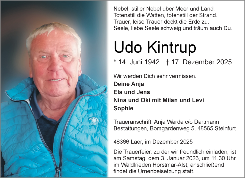  Traueranzeige für Udo Kintrup vom 27.12.2025 aus 