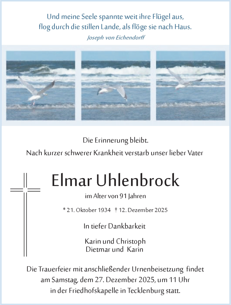  Traueranzeige für Elmar Uhlenbrock vom 20.12.2025 aus 