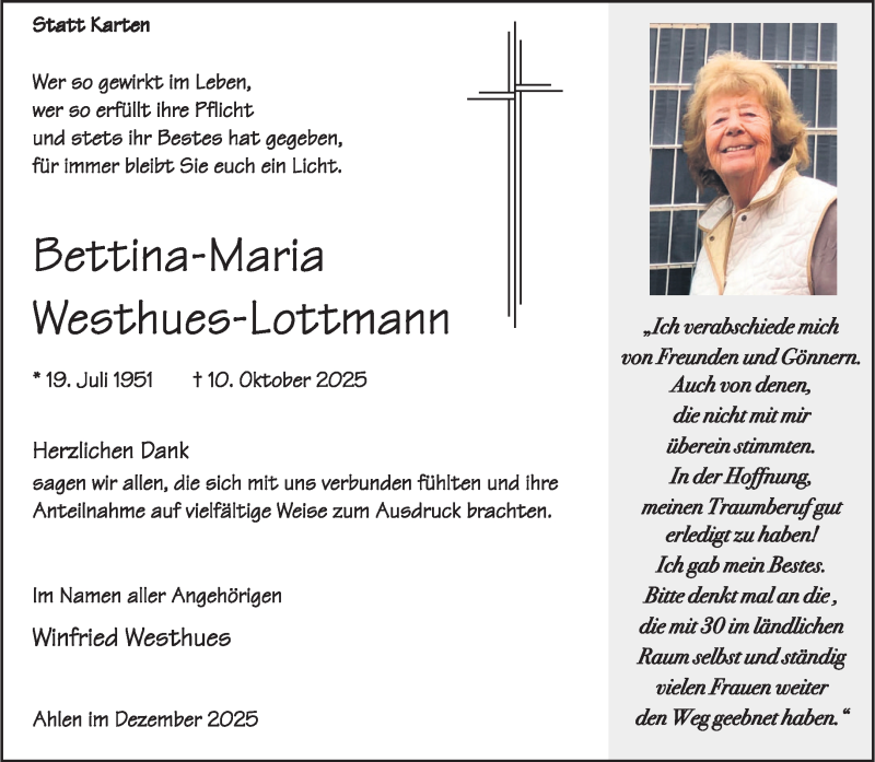  Traueranzeige für Bettina-Maria Westhues-Lottmann vom 13.12.2025 aus 