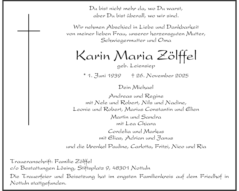  Traueranzeige für Karin Maria Zölffel vom 06.12.2025 aus 